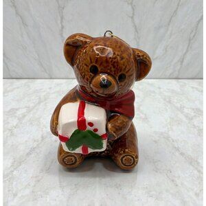 Teddy Bear with Gift Christmas Tree Ornament Brown Glaze Vintage Japan